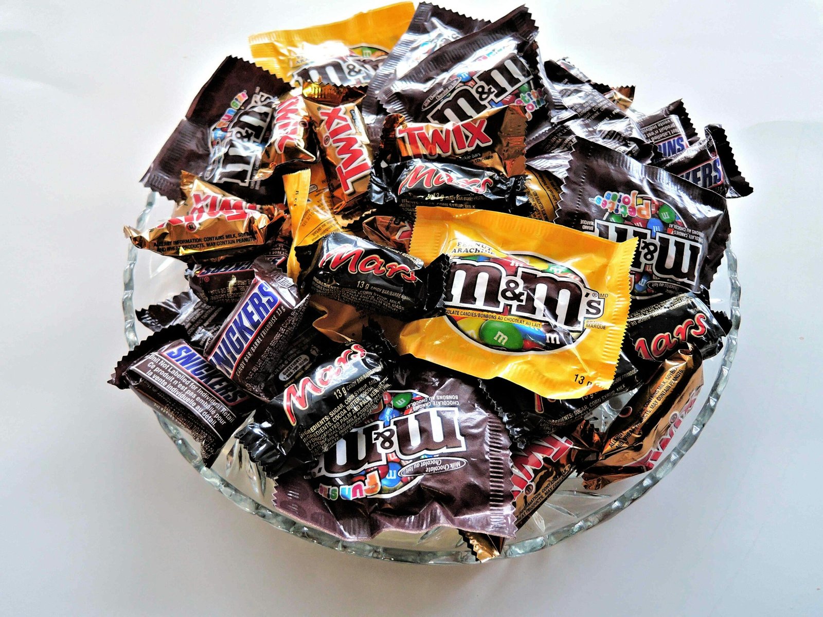 A bowl filled with various chocolate candies, including Twix, Snickers, and M&Ms, creating a vibrant dessert spread.